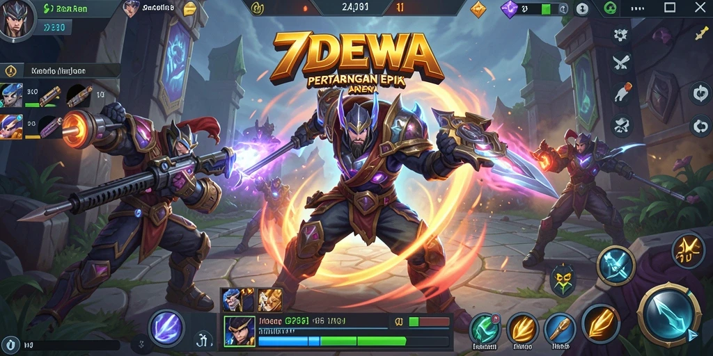 Tampilan gameplay intens dalam arena pertempuran MOBA 7DEWA.