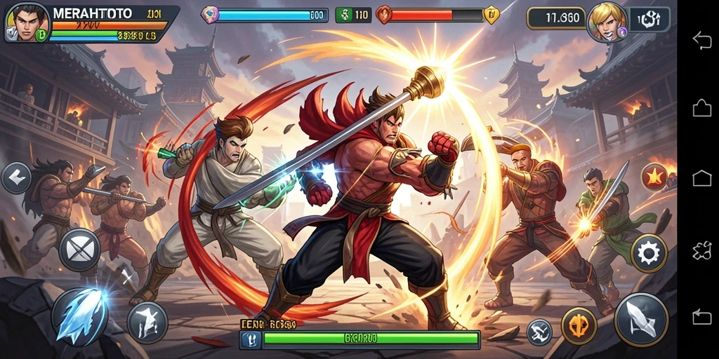 Screenshot MERAHTOTO menampilkan pertarungan seru di arena yang epik.