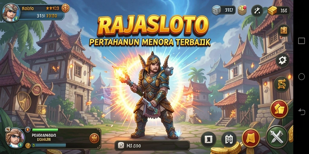 Tampilan gameplay RAJASLOTO dengan menara yang strategis dan musuh yang menyerang.