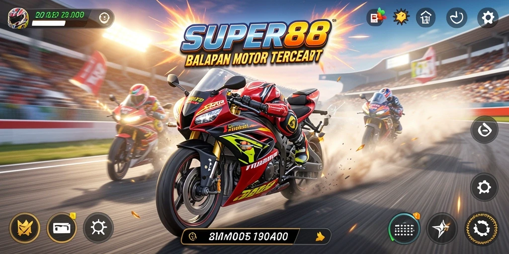 Tangkapan layar gameplay SUPER88 menampilkan balapan motor yang kencang dan seru.