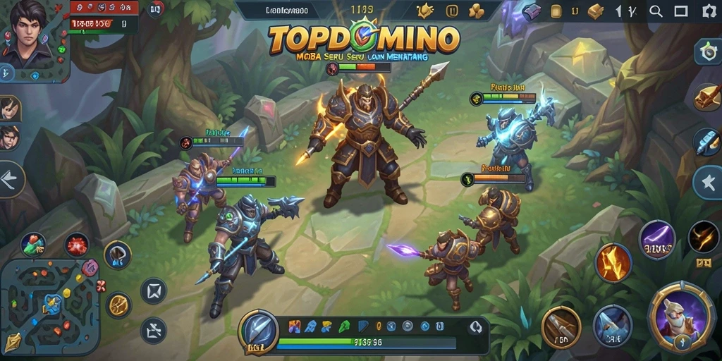 Screenshot gameplay utama <strong>TOPDOMINO</strong> menunjukkan pertarungan antar karakter yang penuh aksi.