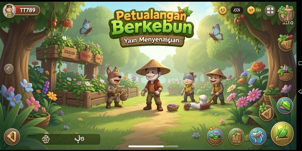 Tangkapan layar gameplay TT789 menampilkan kebun yang subur dan hewan ternak.