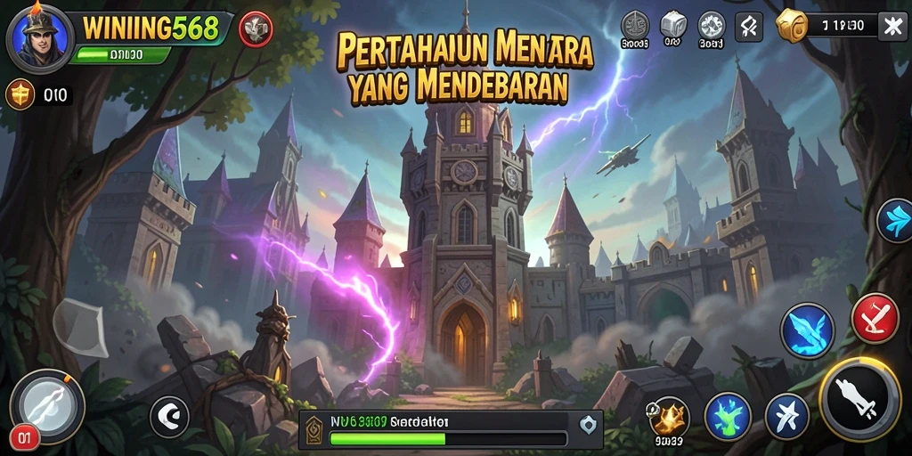 Tampilan gameplay Tower Defense yang intens dan strategis di WINNING568.